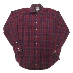 Thomas Dean Mens Button Front Shirt Red Black‎ Plaid Long Sleeve Pima Cotton L